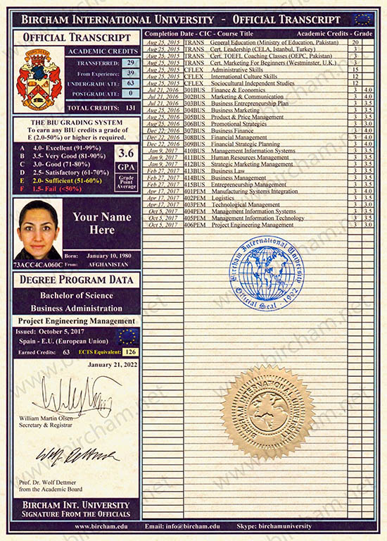 Transcript&nbsp;- Certificado de Notas Bircham International University